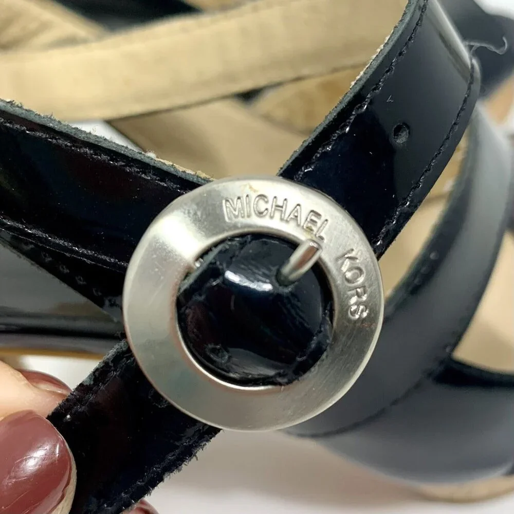 Michael Kors MK Black Patent Leather Strappy Cork Heels Women's Size 6M